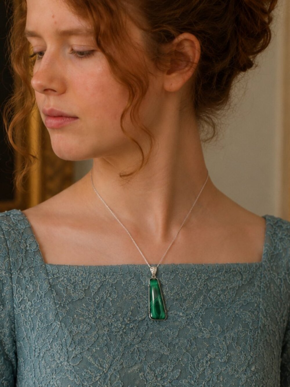 Natural malachite necklace with 24" silver chain